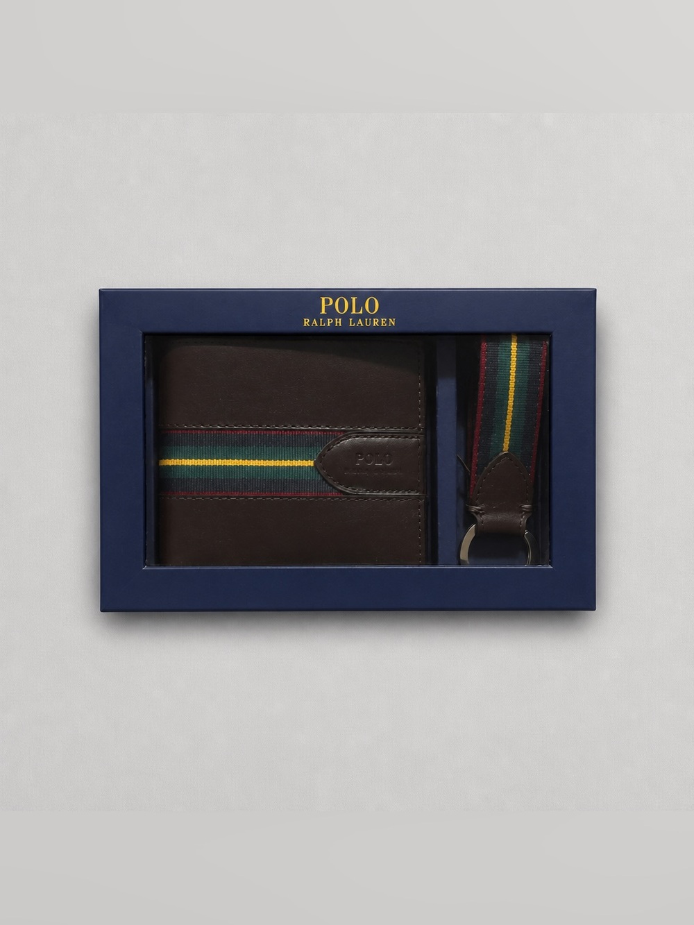 Polo by Ralph Lauren Brown Leather Wallet and Striped Keyring Set